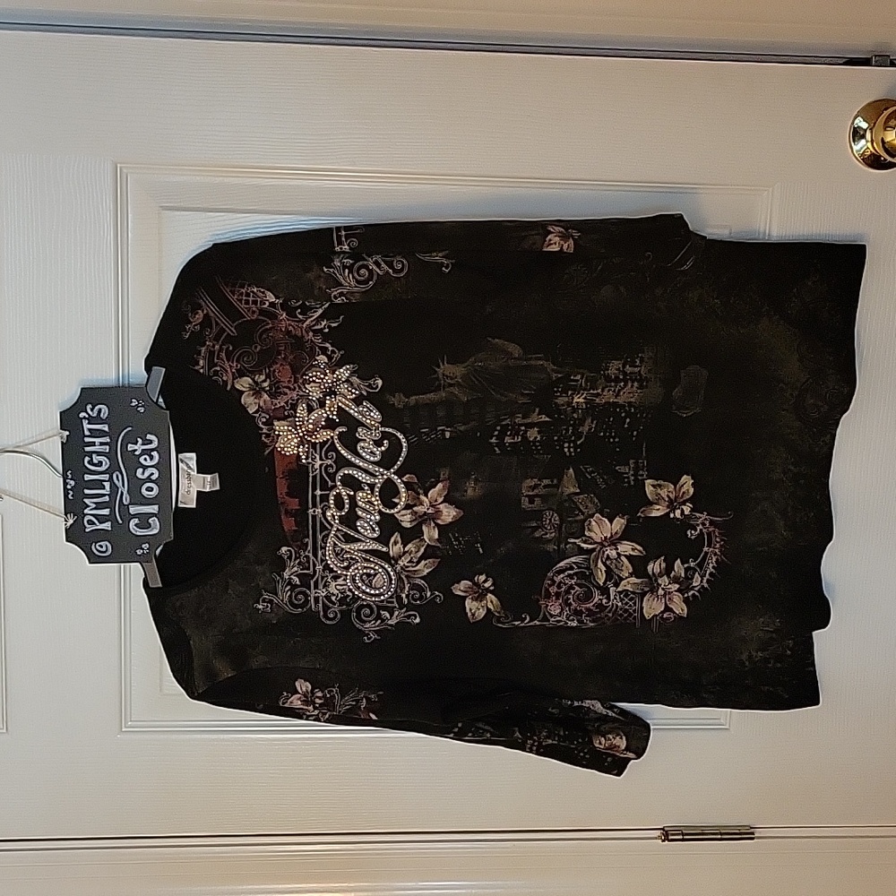Dress Barn 1X Blouse New York Embellished Black Brown Silver Beige Print